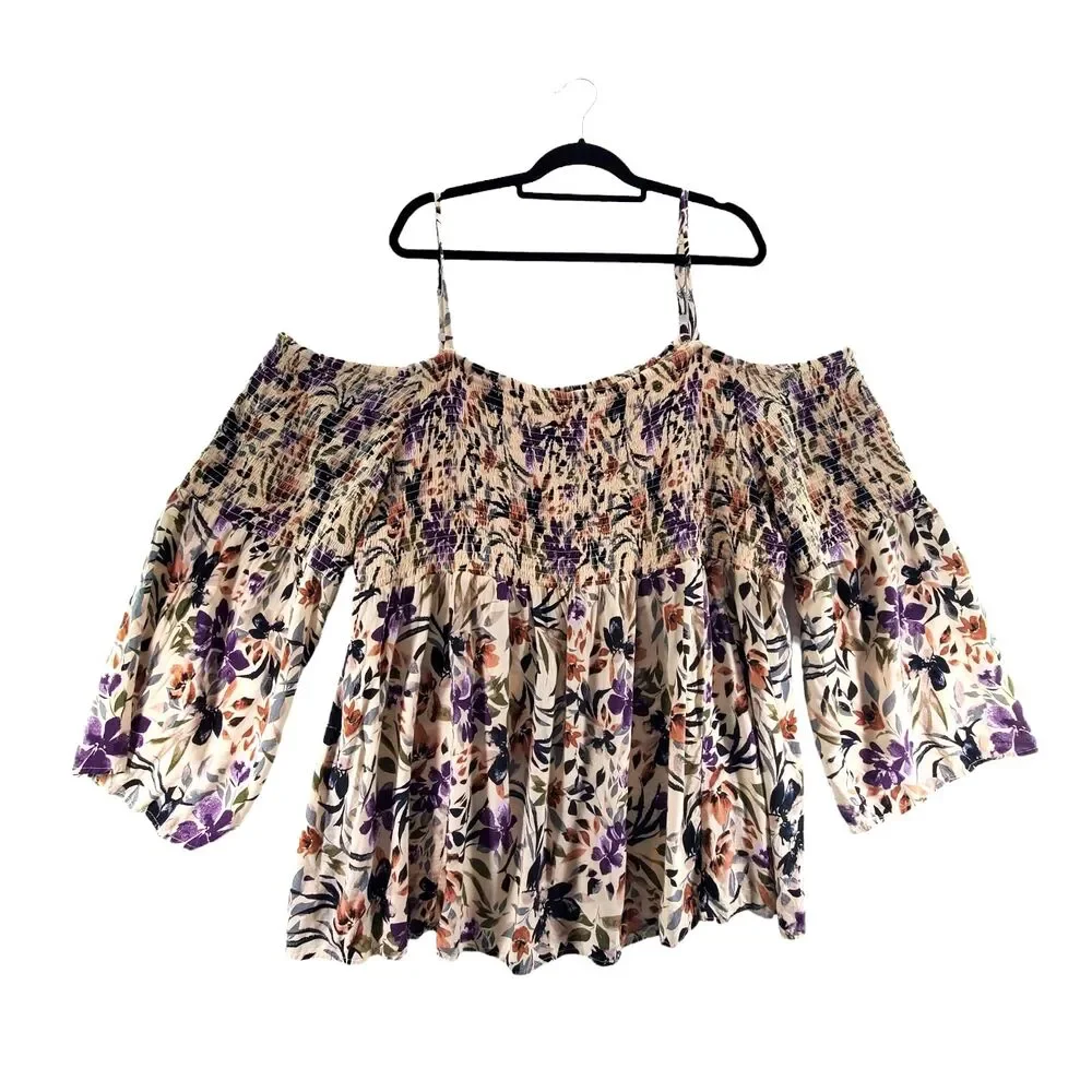 5 5X Torrid Challis Smocked Cold Shoulder Rayon Floral 3/4 Sleeve Blouse Top